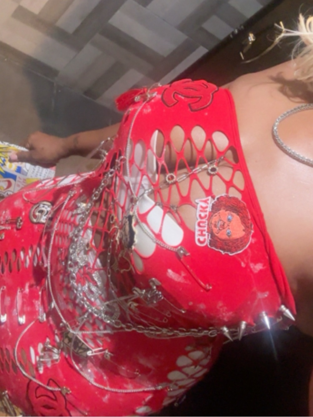 Red Mesh and Metal Accent junk Dress